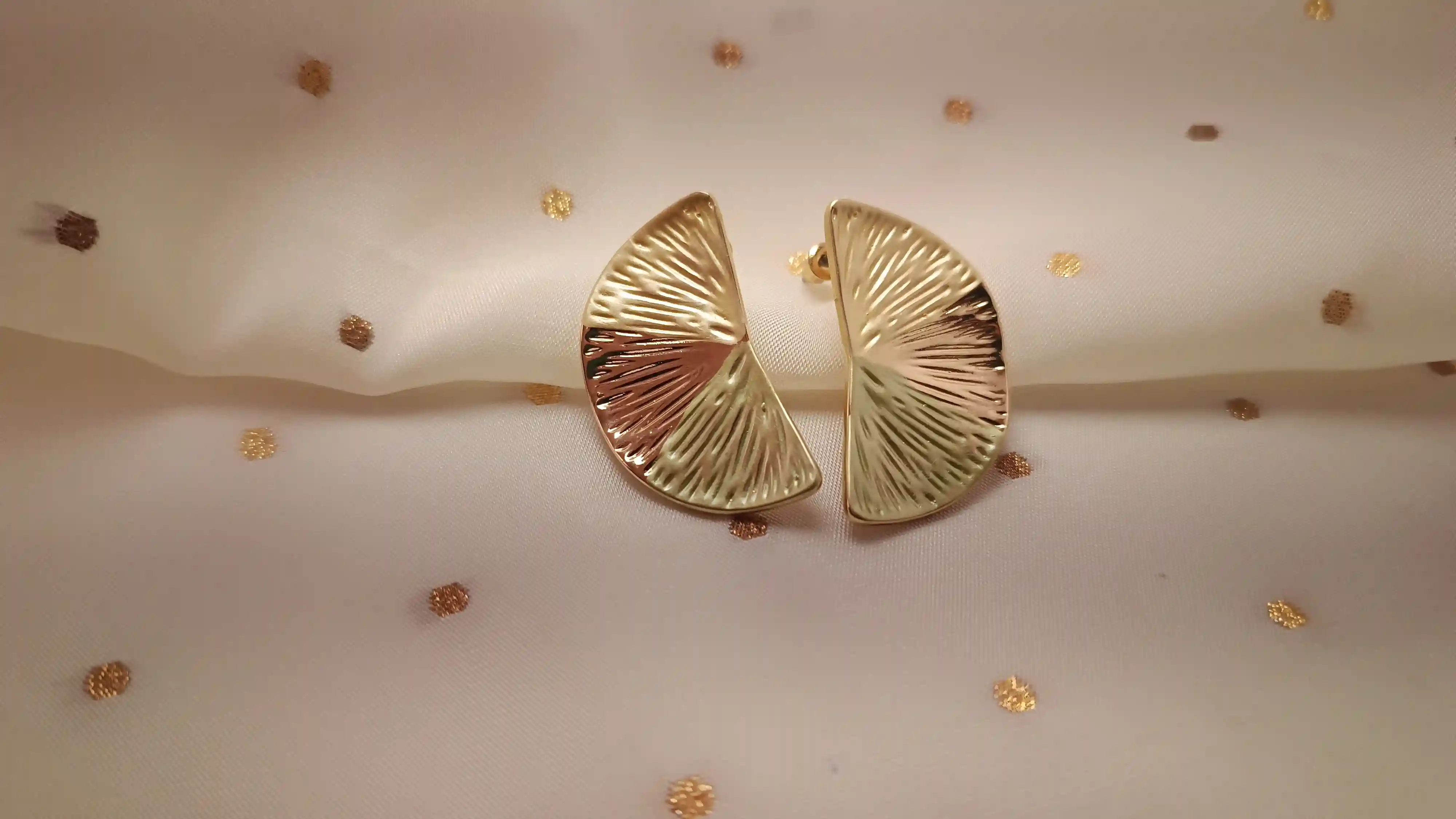 Gold Plated Semi-Circle Fan Earrings – Etched Sunburst Statement Studs in Stainless Steel